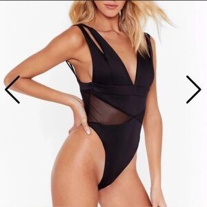 NASTY GAL Black Midnight City Plunging Mesh Womens SZ US6 UK10 Small Bodysuit